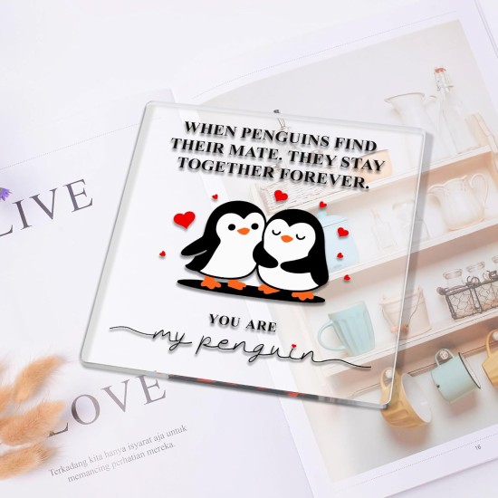 Romantic Penguin Acrylic Plaque with Stand for Home Office Table Decor - Anniversary Wedding Engagement Birthday Christmas Valentines Day Gifts for Him Her Boyfriend Girlfriend Wife Husband Couples
