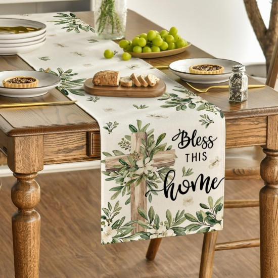 Artoid Mode Cross Olive Leaves Spring Table Runner,Seasonal Summer Easter Kitchen Dining Table Decoration for Home Party Decor 13x72 Inch