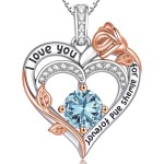 Rose Birthstone Heart Necklaces for Women S925 Sterling Silver I Love You Jewelry Gift for Women Birthday Wedding Anniversary, Mother’s Day Gifts for Mom, Mother, Wife, Girlfriend with Birthstone Pendent Necklace