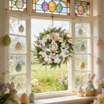 Idyllic 22 Inch Easter Floral Egg Wreath with 3D Bunny - White Blue Flowers on Green Foliage Base, Convertible to Everyday Wreath for Holiday Home Decor