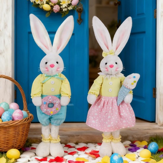 Glintoper 2 Pack Easter Decorations Standing Bunny with Stretchable Legs, 21" to 26" White Rabbits Couple Figurine, Party Favor Photo Props Gifts for Office Kitchen Farmhouse Front Door Spring Home