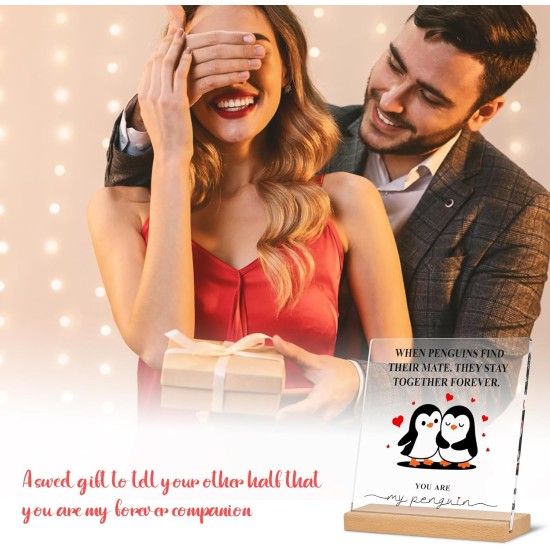 Romantic Penguin Acrylic Plaque with Stand for Home Office Table Decor - Anniversary Wedding Engagement Birthday Christmas Valentines Day Gifts for Him Her Boyfriend Girlfriend Wife Husband Couples