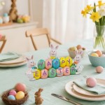 DR.DUDU Easter Decorations Eggs Bunny, Hand-Painted Resin Tabletop Centerpiece, Decor Bunny Figurine for Home Room Table Office Party (Happy Easter)