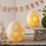 Easter Decorations: White Ceramic Lighted Easter Egg Set of 2, Farmhouse Rustic Hollow Easter Eggs Light Up Tabletop Statue, Easter Home Table Decor, Hunting Party Supplies Gifts for Kids