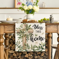 Artoid Mode Cross Olive Leaves Spring Table Runner,Seasonal Summer Easter Kitchen Dining Table Decoration for Home Party Decor 13x72 Inch