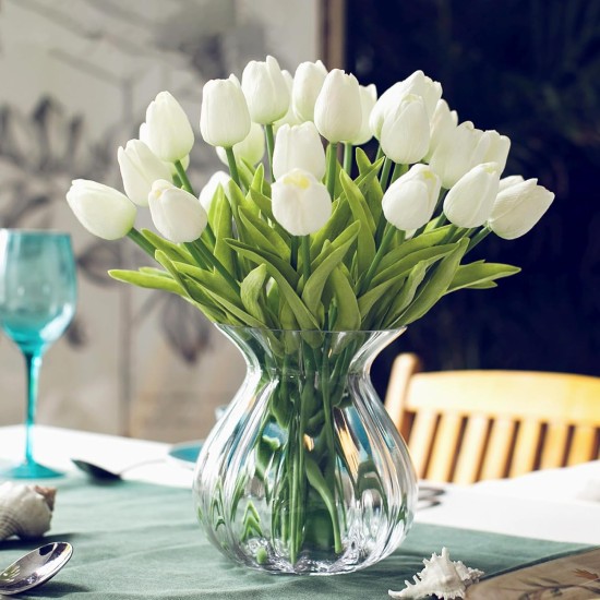 28pcs White Flowers Artificial Tulip Stems Real Feel PU Tulips for Easter Spring Wreath Wedding Bouquet Centerpiece Floral Arrangement Cemetery Table Décor 13" Tall