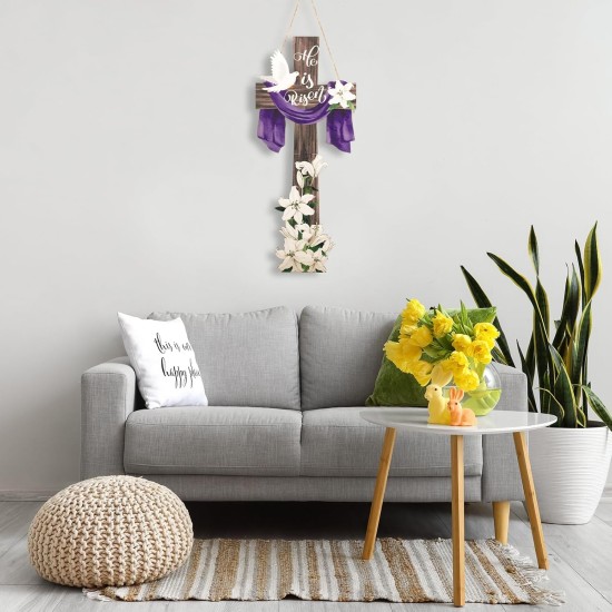 Menkxi Large Easter He Is Risen Welcome Door Sign Easter Decorations Cross Wall Art Hanging Wood He Is Risen Front Door Decor Easter Door Sign for Farmhouse Home Wall Holiday Decoration