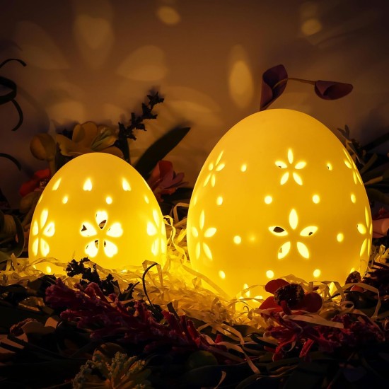Easter Decorations: White Ceramic Lighted Easter Egg Set of 2, Farmhouse Rustic Hollow Easter Eggs Light Up Tabletop Statue, Easter Home Table Decor, Hunting Party Supplies Gifts for Kids