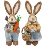 DR.DUDU Set of 2 Easter Decorations 13" Bunny Figurines Tabletop Spring Decor, Rustic Straw Bunny Couple with Carrot, Sisal Rabbit Statues Ornaments for Table Home Office Kitchen Farmhouse