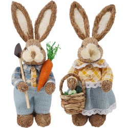 DR.DUDU Set of 2 Easter Decorations 13" Bunny Figurines Tabletop Spring Decor, Rustic Straw Bunny Couple with Carrot, Sisal Rabbit Statues Ornaments for Table Home Office Kitchen Farmhouse