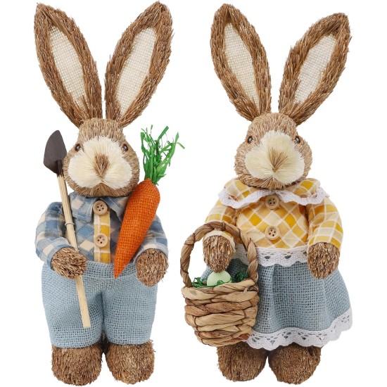 DR.DUDU Set of 2 Easter Decorations 13" Bunny Figurines Tabletop Spring Decor, Rustic Straw Bunny Couple with Carrot, Sisal Rabbit Statues Ornaments for Table Home Office Kitchen Farmhouse
