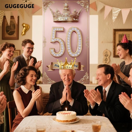 Happy 50st birthday, boys and girls. Pink rose gold crown flag background decoration, poster background photo, booth prop decoration, used for birthday parties, wedding anniversaries