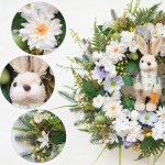 Idyllic 22 Inch Easter Floral Egg Wreath with 3D Bunny - White Blue Flowers on Green Foliage Base, Convertible to Everyday Wreath for Holiday Home Decor