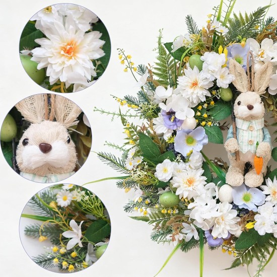 Idyllic 22 Inch Easter Floral Egg Wreath with 3D Bunny - White Blue Flowers on Green Foliage Base, Convertible to Everyday Wreath for Holiday Home Decor