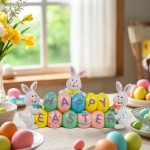 DR.DUDU Easter Decorations Eggs Bunny, Hand-Painted Resin Tabletop Centerpiece, Decor Bunny Figurine for Home Room Table Office Party (Happy Easter)