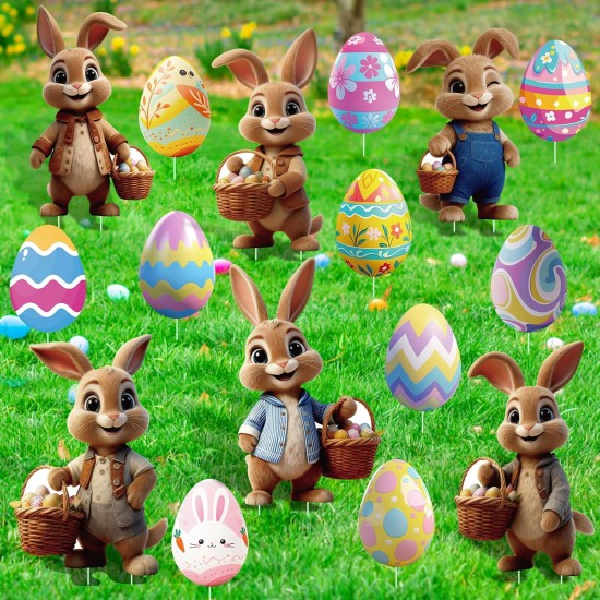 16PCS Easter Bunny Decorations Outdoor, Bunny and Eggs Yard Signs with Stakes,Waterproof Lawn Signs Easter Decor for Gdrden Spring Home outdoor