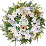 Idyllic 22 Inch Easter Floral Egg Wreath with 3D Bunny - White Blue Flowers on Green Foliage Base, Convertible to Everyday Wreath for Holiday Home Decor