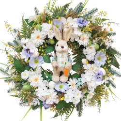 Idyllic 22 Inch Easter Floral Egg Wreath with 3D Bunny - White Blue Flowers on Green Foliage Base, Convertible to Everyday Wreath for Holiday Home Decor