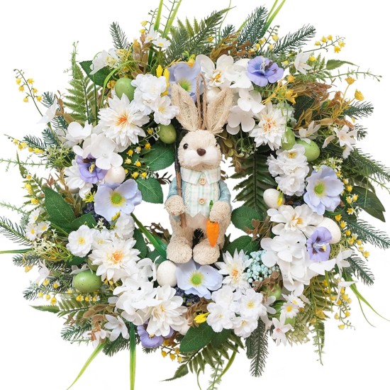 Idyllic 22 Inch Easter Floral Egg Wreath with 3D Bunny - White Blue Flowers on Green Foliage Base, Convertible to Everyday Wreath for Holiday Home Decor