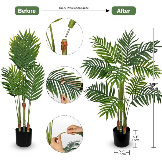 Hollyone Fake Palm Tree Decor 3FT with Planter Artificial Palm Tree Faux Tropical Areca Floor Plant in Pot with 3 Textured Trunks Silk Plant for Home Garden Outdoor Indoor Office Decor