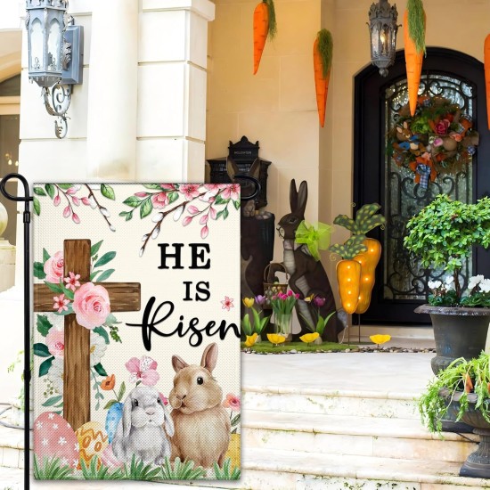 Easter Garden Flags for Outside 12x18 Inch Double Sided He Is Risen Garden Flag Easter Bunny Garden Flag for Outdoor Indoor House Lawn Sign Decor