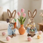 DR.DUDU Set of 2 Easter Decorations 13" Bunny Figurines Tabletop Spring Decor, Rustic Straw Bunny Couple with Carrot, Sisal Rabbit Statues Ornaments for Table Home Office Kitchen Farmhouse