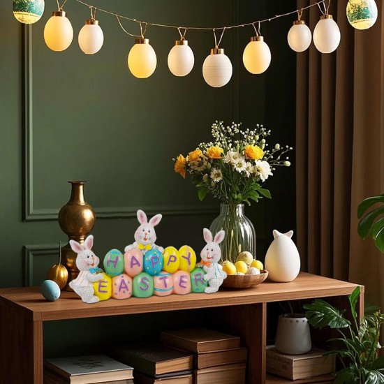 DR.DUDU Easter Decorations Eggs Bunny, Hand-Painted Resin Tabletop Centerpiece, Decor Bunny Figurine for Home Room Table Office Party (Happy Easter)
