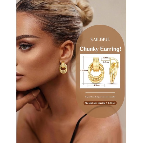 14K Gold Plated Knot Statement Earrings for Women Hypoallergenic Chunky Drop Dangle Earrings - Lightweight Fashion Accessories Gold Jewelry Gifts for Womens Trendy
