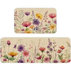 ONWAY Spring Floral Kitchen Mats Set of 2, Wildflower Kitchen Rugs for Floor Non Slip Rubber Backing Farmhouse Flower Kitchen Floor Mats Runner for Sink Laundry Room Entryway Spring Home Decor