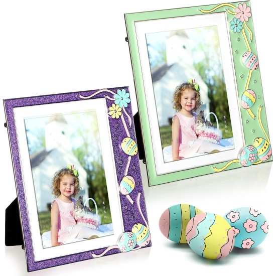 Huwena 2 Pcs Metal Easter Egg Photo Frame 4x6 Inch 5x7 Inch Egg Flower Decoration Metal Photo Display Picture Frames with High Definition Glass for Easter Gift Ideas Tabletop Home Decor