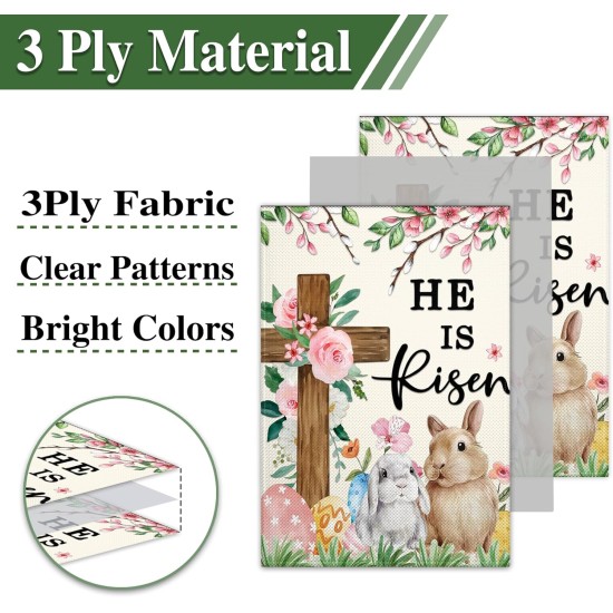 Easter Garden Flags for Outside 12x18 Inch Double Sided He Is Risen Garden Flag Easter Bunny Garden Flag for Outdoor Indoor House Lawn Sign Decor