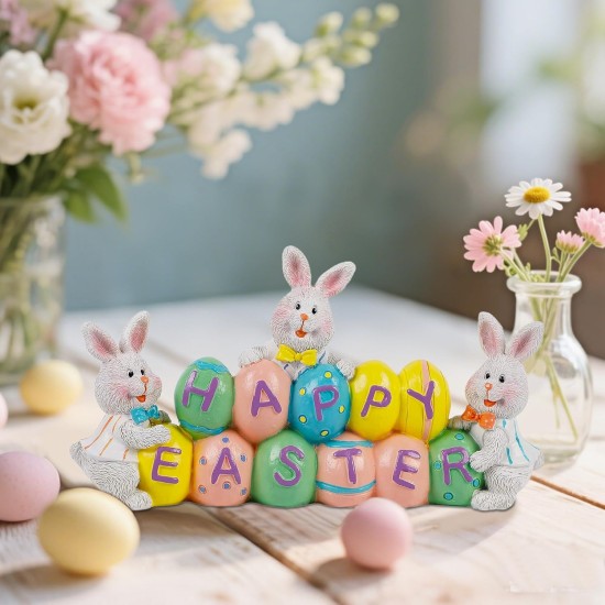 DR.DUDU Easter Decorations Eggs Bunny, Hand-Painted Resin Tabletop Centerpiece, Decor Bunny Figurine for Home Room Table Office Party (Happy Easter)