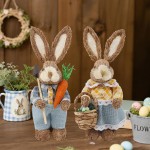 DR.DUDU Set of 2 Easter Decorations 13" Bunny Figurines Tabletop Spring Decor, Rustic Straw Bunny Couple with Carrot, Sisal Rabbit Statues Ornaments for Table Home Office Kitchen Farmhouse