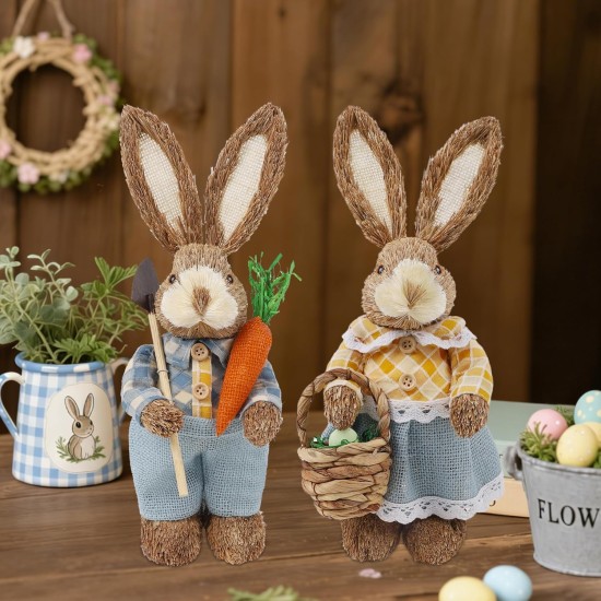 DR.DUDU Set of 2 Easter Decorations 13" Bunny Figurines Tabletop Spring Decor, Rustic Straw Bunny Couple with Carrot, Sisal Rabbit Statues Ornaments for Table Home Office Kitchen Farmhouse