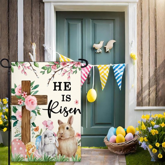 Easter Garden Flags for Outside 12x18 Inch Double Sided He Is Risen Garden Flag Easter Bunny Garden Flag for Outdoor Indoor House Lawn Sign Decor