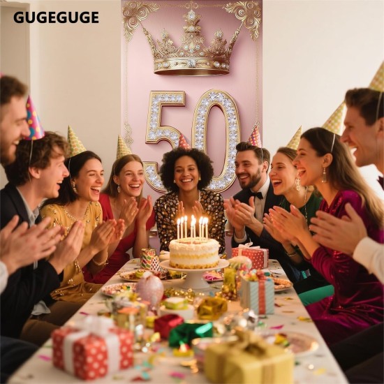 Happy 50st birthday, boys and girls. Pink rose gold crown flag background decoration, poster background photo, booth prop decoration, used for birthday parties, wedding anniversaries