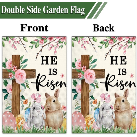 Easter Garden Flags for Outside 12x18 Inch Double Sided He Is Risen Garden Flag Easter Bunny Garden Flag for Outdoor Indoor House Lawn Sign Decor