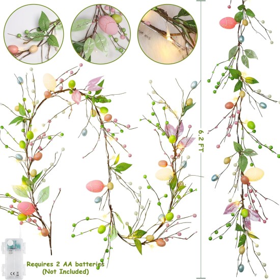 ATDAWN 6 FT Easter Egg Christmas Garland, Battery Operated Christmas Garland with Lights, Eggs Christmas Garland for Easter Holiday Spring Home Christmas Decoration