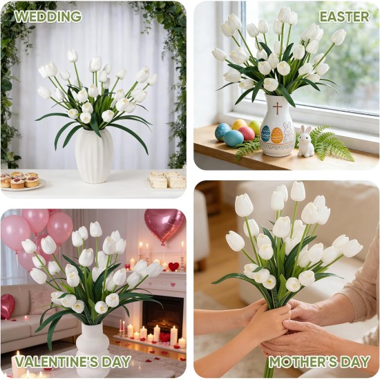 Homsunny 18.9 "Large White Imitation Tulip Artificial Flowers, 30-Piece Pack. Perfect for Spring Weddings, Valentine's Day, Easter, Mother's Day, and Elegant Home and Table vase Arrangements.