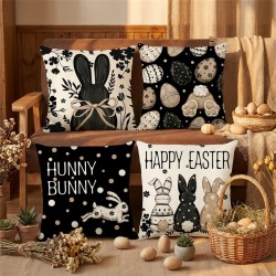 Easter Pillow Covers 18x18 Set of 4, Happy Easter Decor with Rabbit & Eggs Pattern, Spring Decorative Throw Covers for Sofa Couch Living Room Home Decor