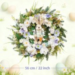 Idyllic 22 Inch Easter Floral Egg Wreath with 3D Bunny - White Blue Flowers on Green Foliage Base, Convertible to Everyday Wreath for Holiday Home Decor