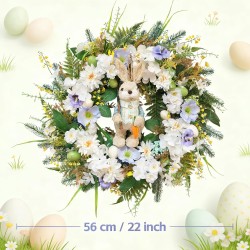 Idyllic 22 Inch Easter Floral Egg Wreath with 3D Bunny - White Blue Flowers on Green Foliage Base, Convertible to Everyday Wreath for Holiday Home Decor