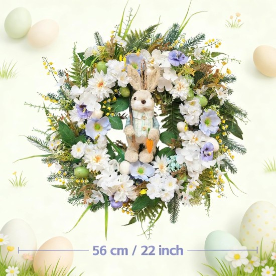 Idyllic 22 Inch Easter Floral Egg Wreath with 3D Bunny - White Blue Flowers on Green Foliage Base, Convertible to Everyday Wreath for Holiday Home Decor