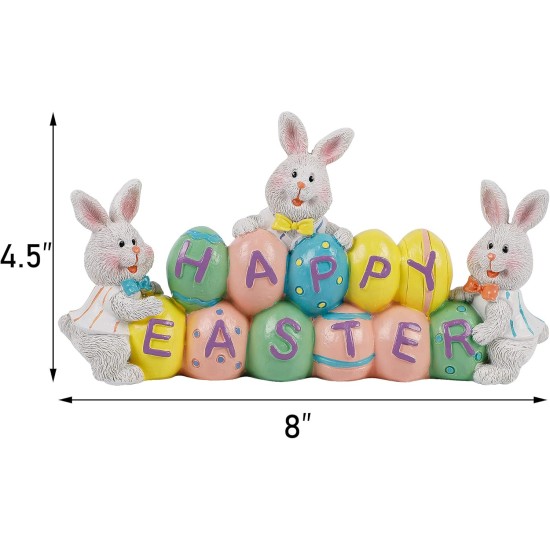 DR.DUDU Easter Decorations Eggs Bunny, Hand-Painted Resin Tabletop Centerpiece, Decor Bunny Figurine for Home Room Table Office Party (Happy Easter)