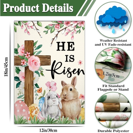 Easter Garden Flags for Outside 12x18 Inch Double Sided He Is Risen Garden Flag Easter Bunny Garden Flag for Outdoor Indoor House Lawn Sign Decor