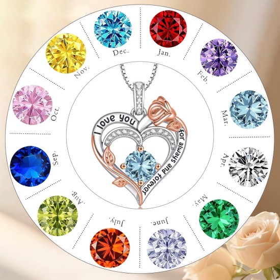 Rose Birthstone Heart Necklaces for Women S925 Sterling Silver I Love You Jewelry Gift for Women Birthday Wedding Anniversary, Mother’s Day Gifts for Mom, Mother, Wife, Girlfriend with Birthstone Pendent Necklace