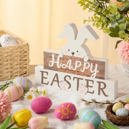 Easter Decorations for Table, Wooden Happy Easter Bunny Decor Sign for Home, Wood Rabbit Block Tabletop Centerpiece Farmhouse Decor for Spring Indoor Shelf Living Room Office(White, Wooden Color) Easter Decorations for Table, Wooden Happy Easter Bunny Decor Sign for Home, Wood Rabbit Block Tabletop Centerpiece Farmhouse Decor for Spring Indoor Shelf Living Room Office(White, Wooden Color)