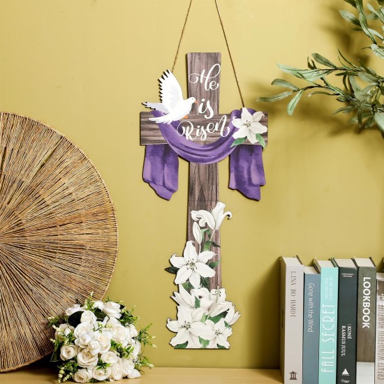 Menkxi Large Easter He Is Risen Welcome Door Sign Easter Decorations Cross Wall Art Hanging Wood He Is Risen Front Door Decor Easter Door Sign for Farmhouse Home Wall Holiday Decoration