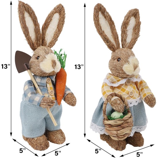 DR.DUDU Set of 2 Easter Decorations 13" Bunny Figurines Tabletop Spring Decor, Rustic Straw Bunny Couple with Carrot, Sisal Rabbit Statues Ornaments for Table Home Office Kitchen Farmhouse