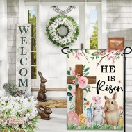 Easter Garden Flags for Outside 12x18 Inch Double Sided He Is Risen Garden Flag Easter Bunny Garden Flag for Outdoor Indoor House Lawn Sign Decor